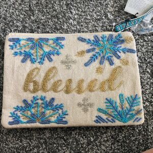 Embroidered 'Blessed' Cosmetic Bag - Gold and Blue